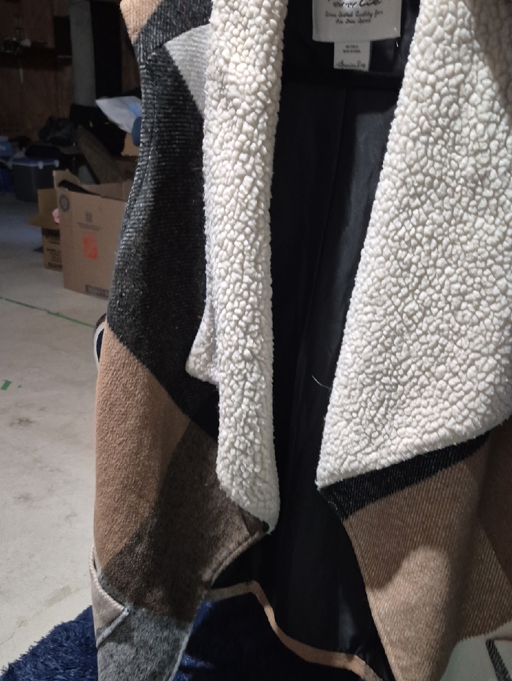 American RAG XL Cozy Sherpa-Trim Plaid Draped VEST - Cream & Brown